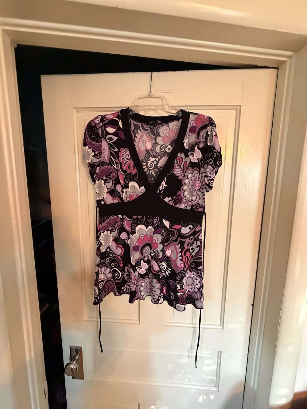IZ Byer California Floral Print V-Neck Short Sleeve Empire Waist Blouse